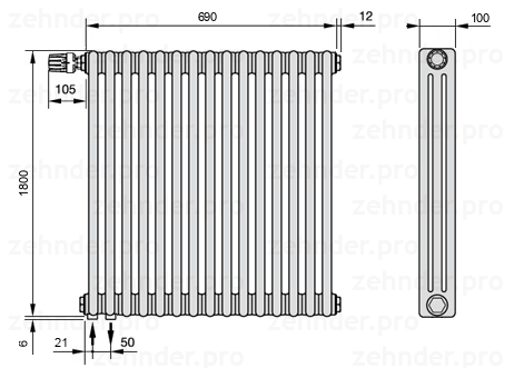 Схема (чертеж) Радиатор Zehnder Charleston 3180/15 №V001 Technoline TL